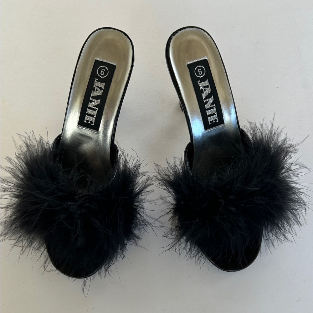 Vtg Janie Glam Old Hollywood Mules Pumps Black Feathered Heels Size 6